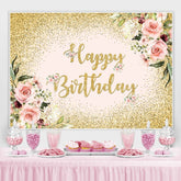 Lofaris Pink Floral Glitter Gold Happy Birthday Backdrop